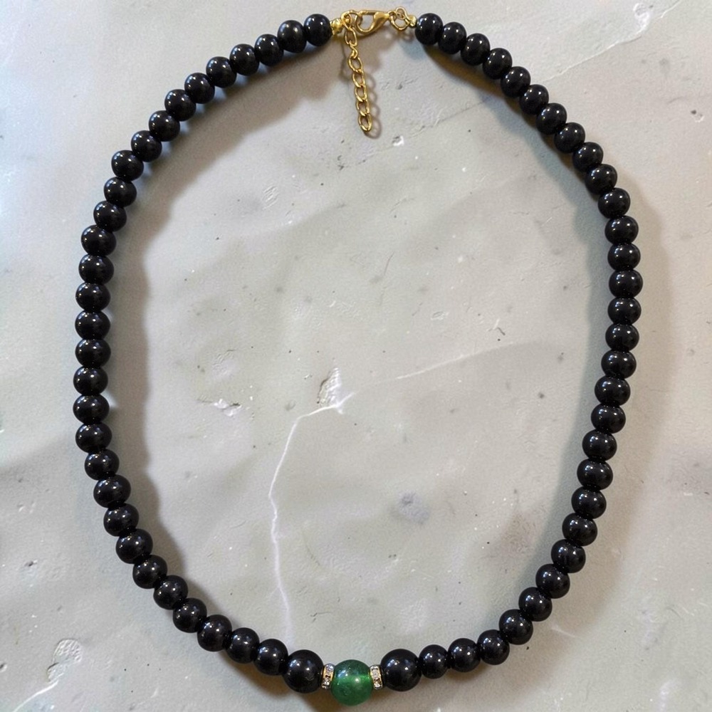 Black Glass Green Gemstone Rhinestone Bead Necklace